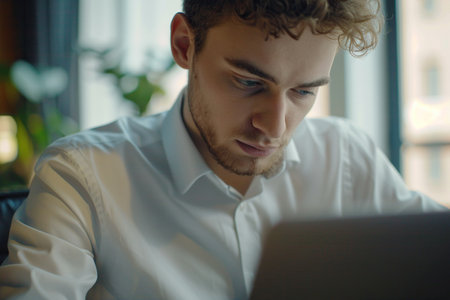 Focused Caucasian business man typing at laptop in office closeup. Guy surfing internetの素材