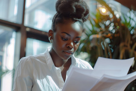 Young African American woman entrepreneur analyzing papers at office close up. Businesswoman workの素材
