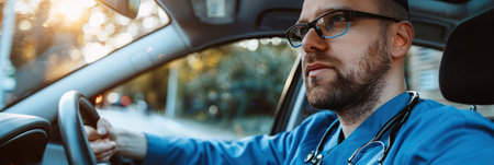 Male nurse sitting in car, going home from work. Male doctor driving car to work, on-call duty. Work-life balance of healthcare worker.の素材