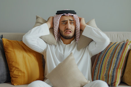 Dissatisfied and angry Arabian young man sitting on sofa at home and covering ears with pillows from excessive noiseの素材