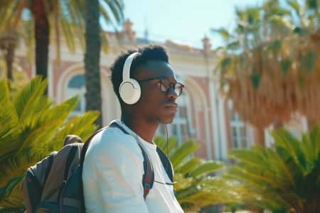 Cool young African American male student wearing headphones, relaxed with backpack at university, concentrating on campus lifestyle outdoorsの素材