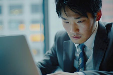 Focused Japanese business man typing at laptop in office closeup. Guy surfing internetの素材