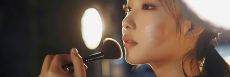 Makeup artist applies Makeup artist applies powder and blush . Beautiful Asian Woman face. Hand of make-up master puts blush on cheeks beauty model girl. Make up in process. beautiful womanの素材