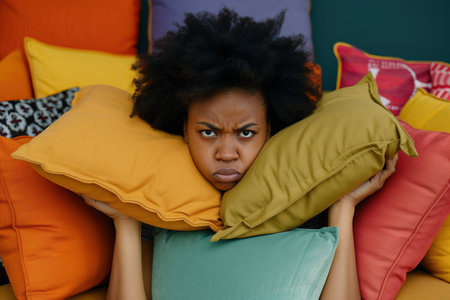 Dissatisfied and angry African American young woman sitting on sofa at home and covering ears with pillows from excessive noiseの素材
