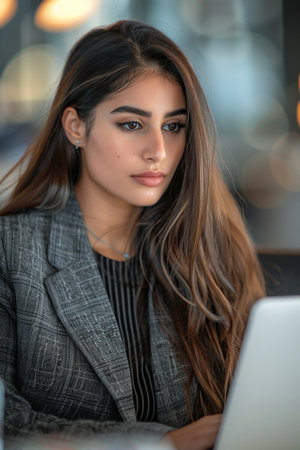 Focused business Latin American woman typing at laptop in office closeup. Girl surfing internetの素材