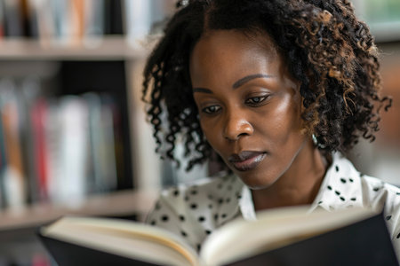 Focused African American business woman reading a book in office closeup.の素材