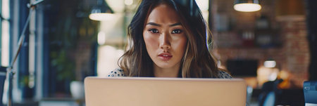 Focused Hispanic business woman typing at laptop in office closeup. Girl surfing internetの素材