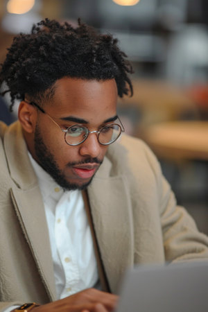 Focused African American business man typing at laptop in office closeup. Guy surfing internetの素材