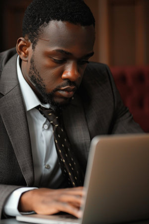 Focused African American business man typing at laptop in office closeup. Guy surfing internetの素材