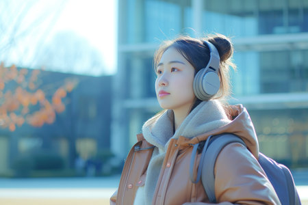 Cool young Japanese female student wearing headphones, relaxed with backpack at university, concentrating on campus lifestyle outdoorsの素材