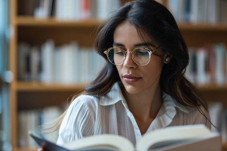 Focused Latin American business woman reading a book in office closeup.の素材