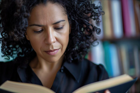Focused Hispanic business woman reading a book in office closeupの素材