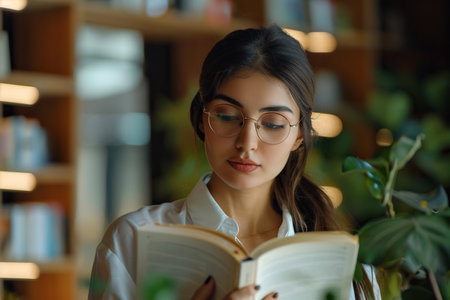Focused Arabian business woman reading a book in office closeup.の素材