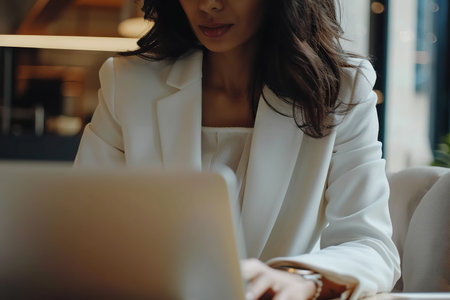 Focused business woman typing at laptop in office closeup. Girl surfing internetの素材