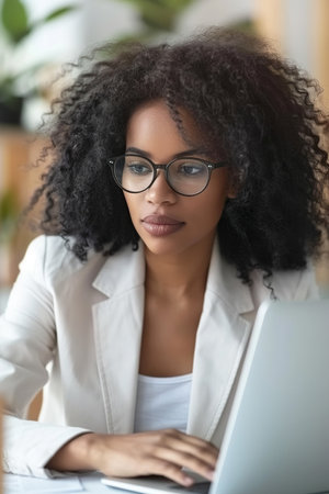 Focused African American business woman typing at laptop in office closeup. Girl surfing internetの素材