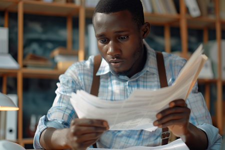 Young African American man entrepreneur analyzing papers at office close up. Businessman workの素材
