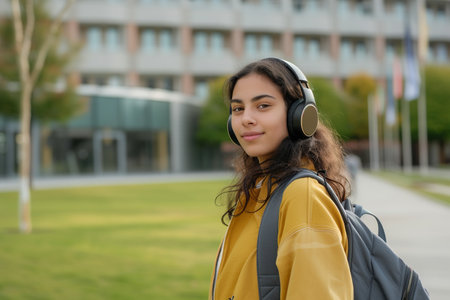Cool young Hispanic female student wearing headphones, relaxed with backpack at university, concentrating on campus lifestyle outdoorsの素材