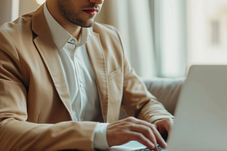 Focused Latin American business man typing at laptop in office closeup. Guy surfing internetの素材