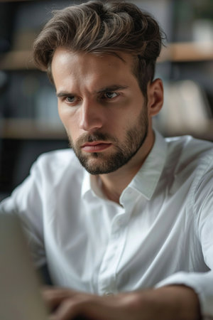 Focused business man typing at laptop in office closeup. Guy surfing internetの素材