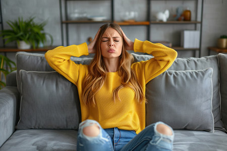 Dissatisfied and angry young woman sitting on sofa at home and covering ears from excessive noiseの素材