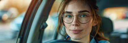 Female nurse sitting in car, going home from work. Female doctor driving car to work, on-call duty. Work-life balance of healthcare worker.の素材