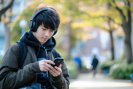 Young Japanese male teenager student wearing headphones and backpack using smartphone at universityの素材