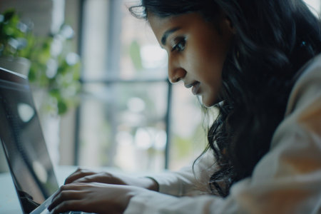 Focused Indian business woman typing at laptop in office closeup. Girl surfing internetの素材