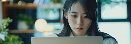 Focused Japanese business woman typing at laptop in office closeup. Girl surfing internetの素材