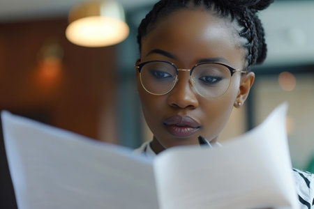 Young African American woman entrepreneur analyzing papers at office close up. Businesswoman workの素材