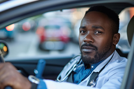 Male nurse sitting in car, going home from work. Male African American doctor driving car to work, on-call duty. Work-life balance of healthcare worker.の素材