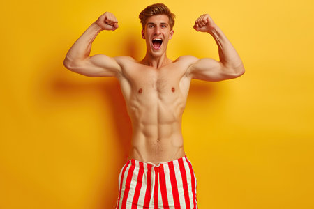 Photo guy fist up scream yes swimmer ocean distance win wear red striped set shorts isolated on yellow color backgroundの素材