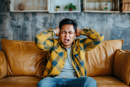 Dissatisfied and angry young Latin American man sitting on sofa at home and covering ears from excessive noiseの素材