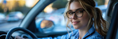 Female nurse sitting in car, going home from work. Female doctor driving car to work, on-call duty. Work-life balance of healthcare worker.の素材