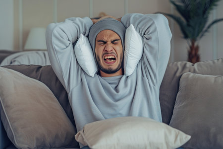 Dissatisfied and angry Arabian young man sitting on sofa at home and covering ears with pillows from excessive noiseの素材