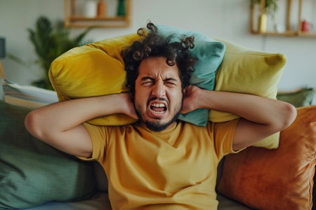 Dissatisfied and angry Latin American young man sitting on sofa at home and covering ears with pillows from excessive noiseの素材