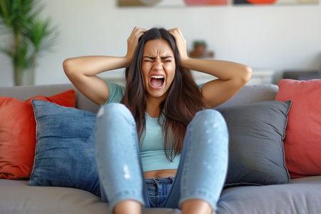 Dissatisfied and angry Latin American young woman sitting on sofa at home and covering ears with pillows from excessive noiseの素材