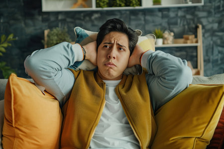 Dissatisfied and angry Latin American young man sitting on sofa at home and covering ears with pillows from excessive noiseの素材