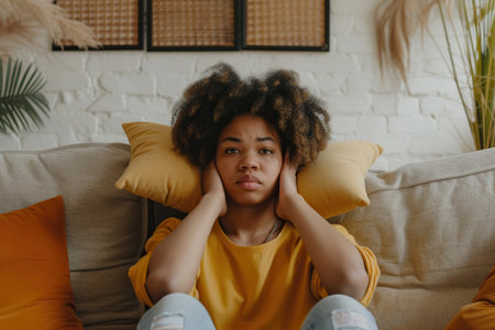 Dissatisfied and angry African American young woman sitting on sofa at home and covering ears with pillows from excessive noiseの素材