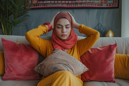 Dissatisfied and angry Arabian young woman sitting on sofa at home and covering ears with pillows from excessive noiseの素材