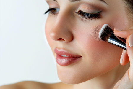 Makeup artist applies Makeup artist applies powder and blush . Beautiful Latin Woman face. Hand of make-up master puts blush on cheeks beauty model girl. Make up in process. beautiful womanの素材