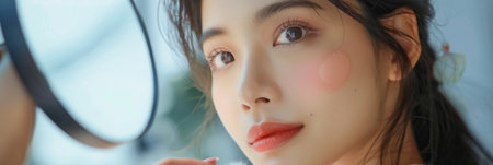 Makeup artist applies Makeup artist applies powder and blush . Beautiful Asian Woman face. Hand of make-up master puts blush on cheeks beauty model girl. Make up in process. beautiful womanの素材