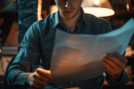 Young man entrepreneur analyzing papers at office close up. Businessmanの素材