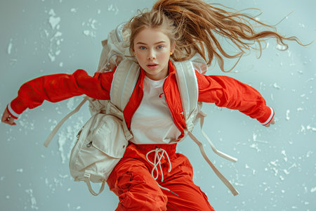 14-year-old athlete girl jumping with a shoe bag, in the style of a fashion advertisement, in full growth, photo in the studio, isolated on a Burgundy backgroundの素材