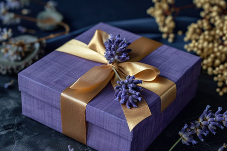 Dark Lavender gift box adorned with a luxurious gold satin ribbon, placed on a dark backgroundの素材