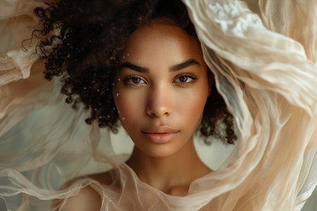 Close up portrait African American Woman in Beige waving dress with flying fabricの素材