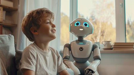 A child learning from an AI-powered robotic tutor at home, interactive and personalized education with smileの素材