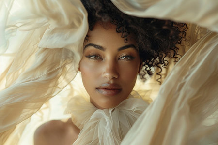 Close up portrait African American Woman in Beige waving dress with flying fabricの素材