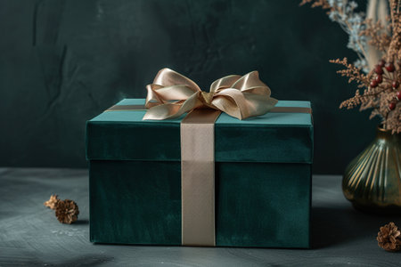Emerald gift box adorned with a luxurious gold satin ribbon, placed on a dark backgroundの素材