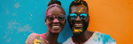 Colorful and happy African American couple enjoying Holi festival togetherの素材