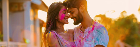 Colorful and happy couple enjoying Holi festival togetherの素材